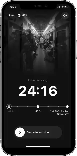 Focus Metro app showing a focus ride timer on iPhone
